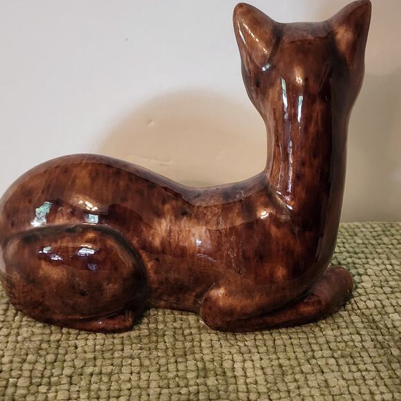 Vintage Mid Century Ceramic Siamese Cat Figurine Green Eyes Brown Glaze 6" - Picture 5 of 9